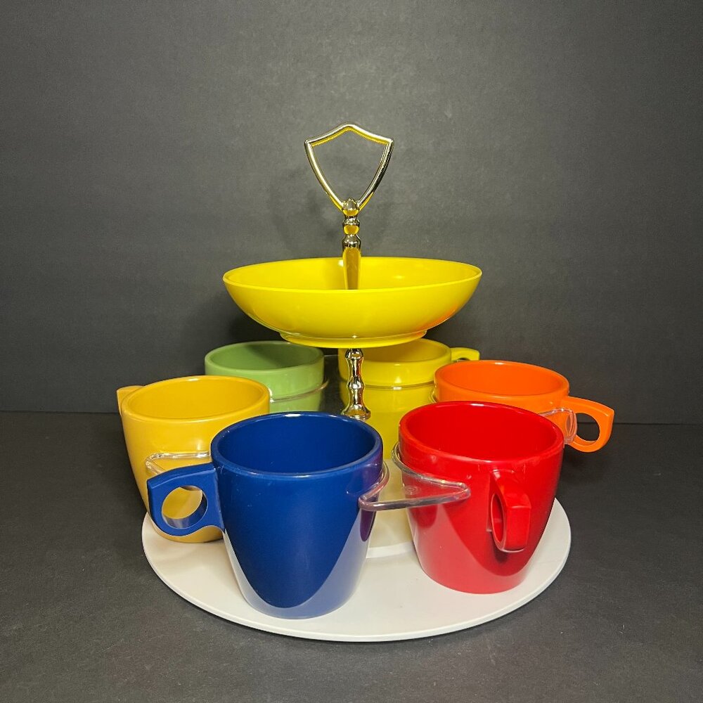 VTG RARE Boonton 2 Tier Tid-Bit Carousel Drink Caddy w/ 6 Colorful Melamine Mugs